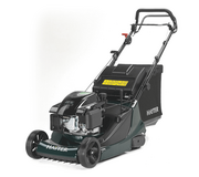 Hayter Harrier 48 VS Autodrive petrol lawnmower with 48cm rear roller deck, 159cc OHV engine and 70-litre grass collector shown from a front three-quarter angle.