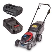 Honda HRG 466 XB cordless lawnmower kit including the mower, 4Ah 36V battery, and CV3680XA fast charger.