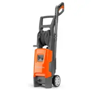 Husqvarna PW235R electric pressure washer with integrated hose reel, wheels and spray gun, shown upright in orange and grey.