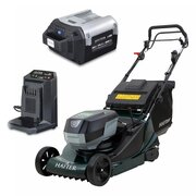 Hayter Harrier 48 VS cordless rear roller lawnmower kit with 107A 60V battery and 120A charger, featuring variable speed drive, grass collection and stripe-producing rear roller.