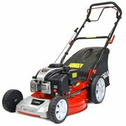 Cobra M46SPCVX 46cm 131cc self propelled petrol lawnmower with 60 litre grass bag on white background.