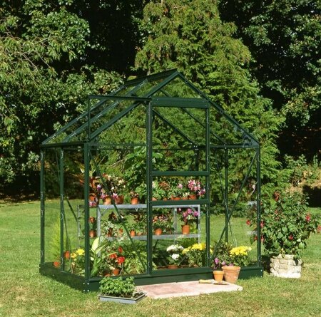 Halls Popular 64 Forest Green Greenhouse 6 x 4 Tough Glass Long Panes