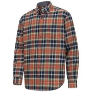 Front angled view of the Hoggs of Fife Pitcairn men’s country flannel shirt featuring a brushed cotton rust, green, and navy check design.