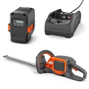 Husqvarna 215iHD45 battery hedge trimmer kit with 45cm double-sided blade, 40-B70 36V lithium-ion battery and C80 charger for cordless hedge cutting and garden maintenance.