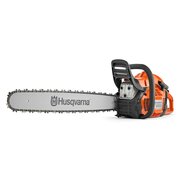 Husqvarna 455 Rancher petrol chainsaw with 18 inch bar side view showing guide bar, chain and ergonomic handle design