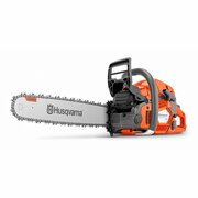Husqvarna 565 petrol chainsaw with 20 inch bar, 70.6cc professional forestry chainsaw isolated on white background, side profile product view