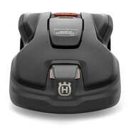 Husqvarna 305 automower facing head-on on a white background