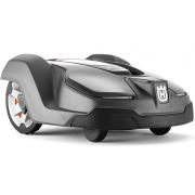 Husqvarna Automower 430X robotic lawnmower front-left angled view showing compact design, LED headlights and automatic mowing system