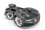 Husqvarna Automower 435X AWD NERA robotic lawnmower front angle showing all-wheel drive design for steep and complex lawns