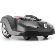 Husqvarna Automower 450X robotic lawnmower front angle showing cutting deck housing and rugged wheel design for large lawns
