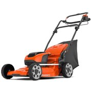 Husqvarna LC142iS cordless self-propelled lawnmower front angled view showing 42cm cutting deck and compact design
