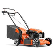 Husqvarna LC151S self-propelled petrol lawnmower with 51cm steel deck and 65L grass collector, angled front view on white background